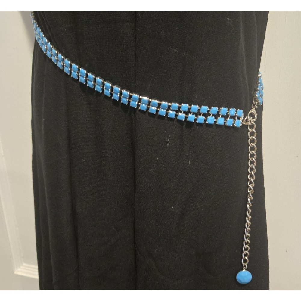 Silver-tone Women's Chain Belt 2 Rows Vibrant Turquoise Beads Adjusts 32"-36"
